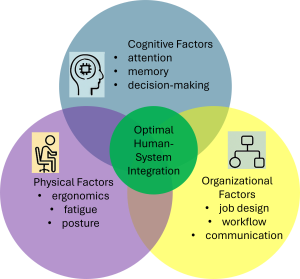 A Venn diagram illustrating the intersection of Cognitive Factors (attention, memory, decision-making), Physical Factors (ergonomics, fatigue, posture), and Organizational Factors (job design, workflow, communication) to achieve Optimal Human-System Integration.