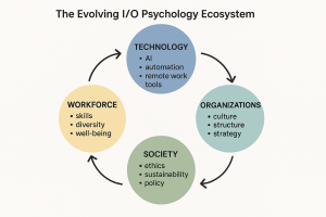 A circular systems diagram illustrating the interconnected domains of technology, workforce, organizations, and society. Arrows between each domain show mutual influence and feedback loops, representing the complex sociotechnical environment in which I/O psychology operates.