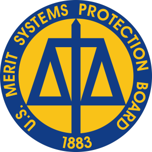 Seal of the U.S. Merit Systems Protection Board. It is circular with a blue outer ring and a yellow inner circle. The outer ring contains the text U.S. Merit Systems Protection Board in blue. The inner circle features the number 1883 at the bottom and a stylized blue scale in the center representing justice or balance.