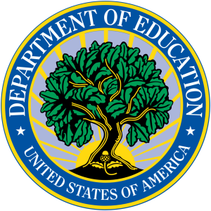 The seal of the United States Department of Education, featuring a large green tree with many leaves against a background of yellow rays, encircled by a blue ring with the text "DEPARTMENT OF EDUCATION" at the top and "UNITED STATES OF AMERICA" at the bottom.